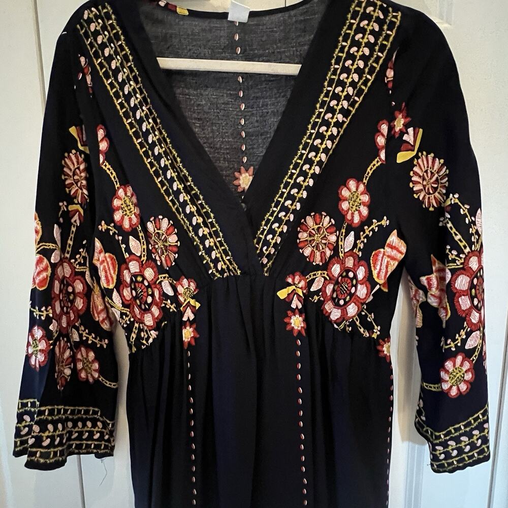 💞 Women’s XL Navy Blue Floral Boho Maxi Dress V Neck 3/4 Sleeve Folk Print - Picture 3 of 6
